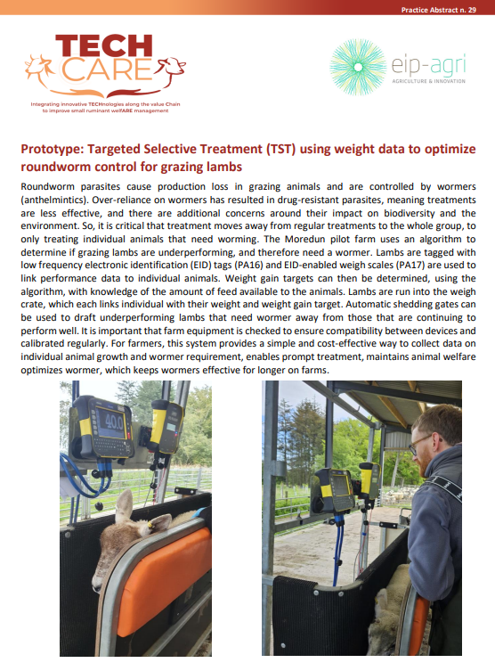TechCare project presents its 29th Practice Abstract (PA29):

"Prototype: Targeted Selective Treatment (TST) using weight data to optimize roundworm control for grazing lambs" 🐑

Read it here👉 techcare-project.eu/wp-content/upl…