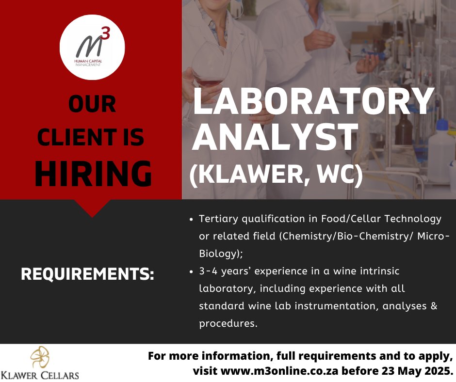 M3Capital's tweet image. VACANCY: Laboratory Analyst

Follow the link for more information on the role and how to apply: jobs.m3online.co.za/sys/jobDetails… 

#laboratoryanalyst #labanalyst #winelaboratory #agriculture #applynow #vacancy #klawercellars #klawer #westerncape