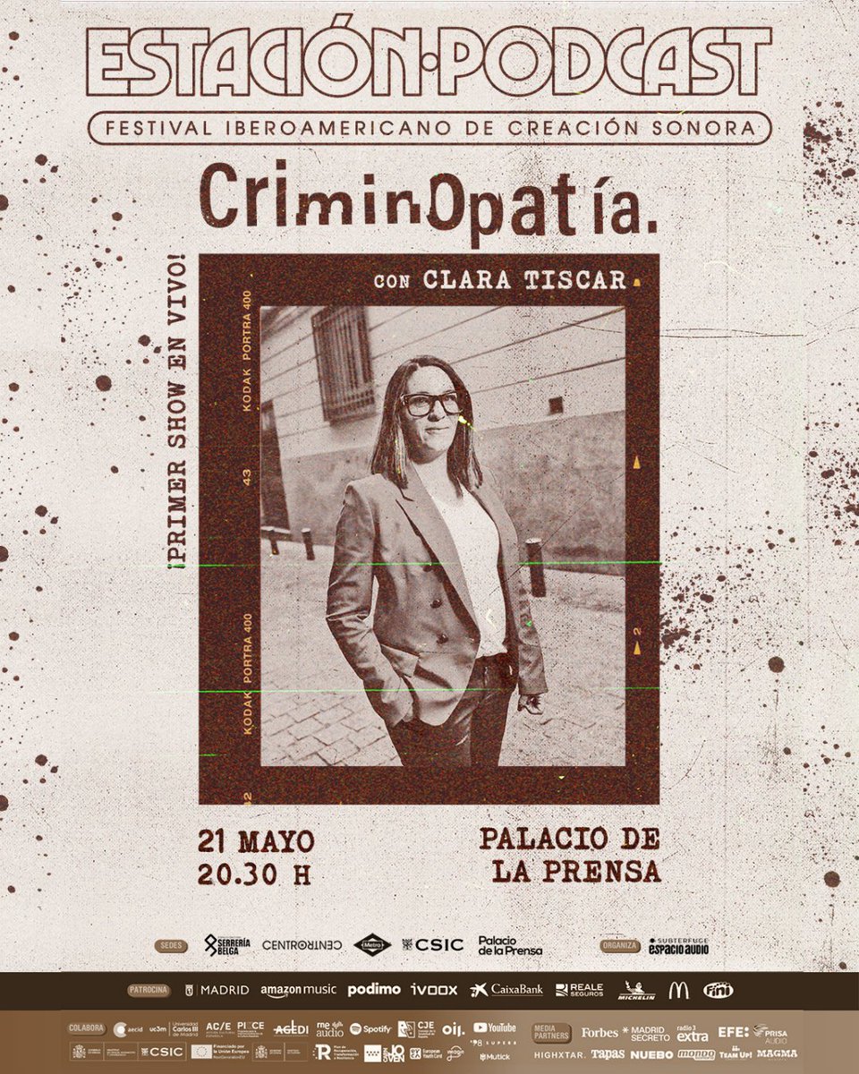 Estacion Podcast (@podcastestacion) on Twitter photo 🔪🔪 Estación Podcast trae el primer show en directo de <a href="/criminopatia/">Criminopatía</a>, el podcast escrito y presentado por <a href="/claratiscar/">Clara Tiscar</a>
Las mejores historias reales de crimen y criminales, llegan el próximo 21 de mayo a <a href="/palacioprensa/">Palacio de la Prensa</a> ...
Entradas disponibles estacionpodcast.com/participantes/… 🔪🔪 Estación Podcast trae el primer show en directo de <a href="/criminopatia/">Criminopatía</a>, el podcast escrito y presentado por <a href="/claratiscar/">Clara Tiscar</a>
Las mejores historias reales de crimen y criminales, llegan el próximo 21 de mayo a <a href="/palacioprensa/">Palacio de la Prensa</a> ...
Entradas disponibles estacionpodcast.com/participantes/…