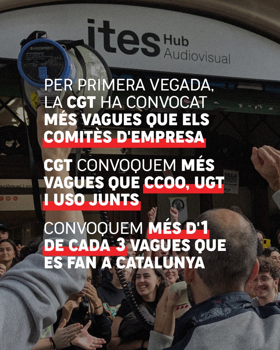 #MÉSVAGUES CGT som el sindicat que més vagues convoca a Catalunya

🔥Convoquem 1 de cada 3 vagues que es fan a Catalunya, més conflicte que CCOO, UGT i USO junts