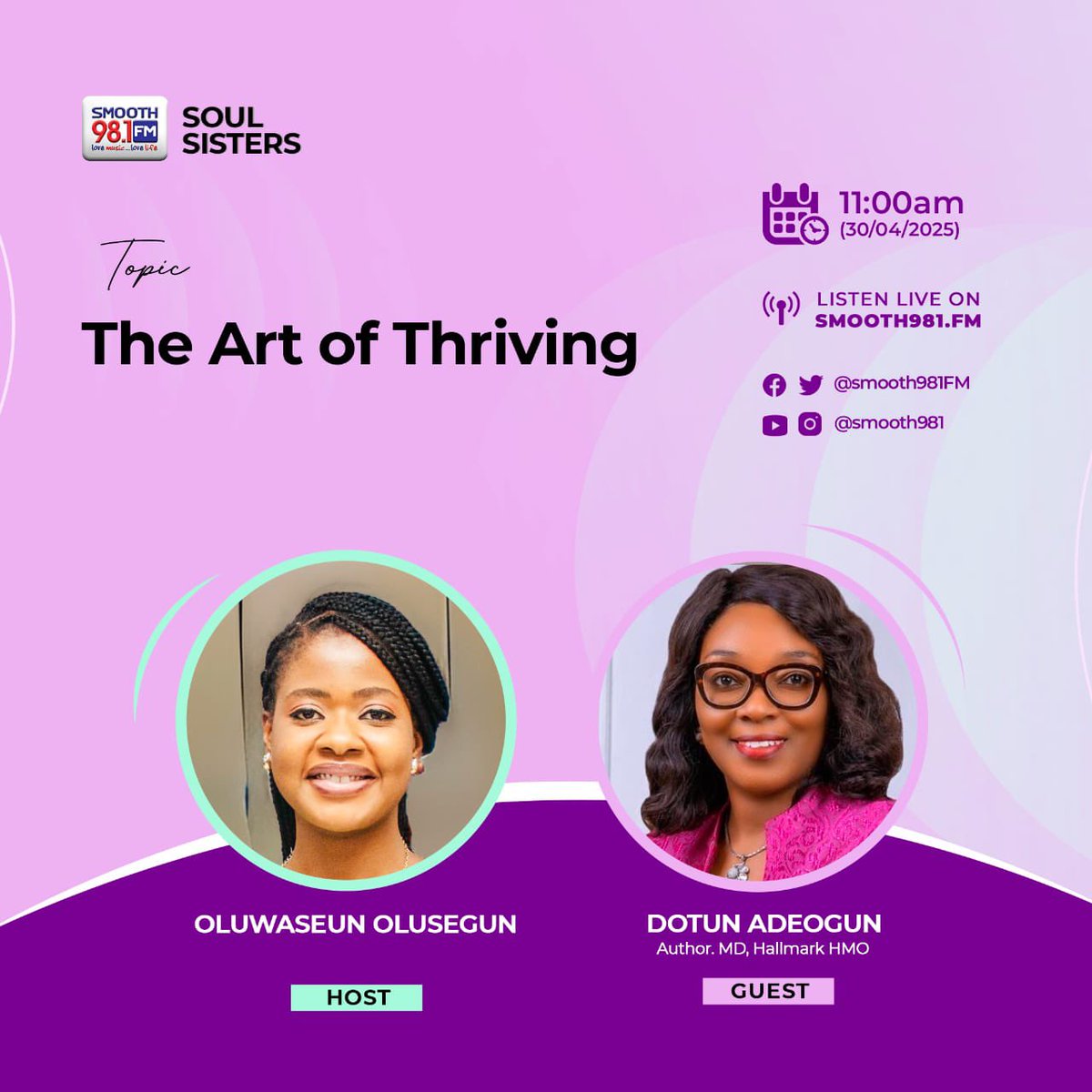 Smooth98.1FM (@smooth981fm) on Twitter photo ✨ Soul Sisters is back at 11am!✨
We are diving into “The Art of Thriving” — because survival isn’t enough, it’s time to bloom🌺
Join us as we unpack what it really means to thrive — mind, body, soul, and sisterhood 💫
Smooth98.1 FM 📻
Host: <a href="/oluwaseun_ro/">Oluwaseun R. Olusegun</a>
❤️💙🤍
#Smooth981 ✨ Soul Sisters is back at 11am!✨
We are diving into “The Art of Thriving” — because survival isn’t enough, it’s time to bloom🌺
Join us as we unpack what it really means to thrive — mind, body, soul, and sisterhood 💫
Smooth98.1 FM 📻
Host: <a href="/oluwaseun_ro/">Oluwaseun R. Olusegun</a>
❤️💙🤍
#Smooth981