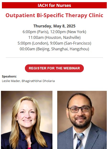 Join us for the upcoming <a href="/TheIACH/">IACH</a> for Nurses:

Outpatient Bi-Specific Therapy Clinic
with Leslie Mader &amp; Bhagirathbhai Dholaria

🗓️Thursday, May 8 2025
⏲️6pm CET

Register for FREE
⬇️⬇️
us06web.zoom.us/webinar/regist…

<a href="/lesliemader/">Leslie Mader</a> <a href="/DholariaMD/">Bhagirath Dholaria, MD</a> <a href="/Mohty_EBMT/">Mohamad Mohty</a>