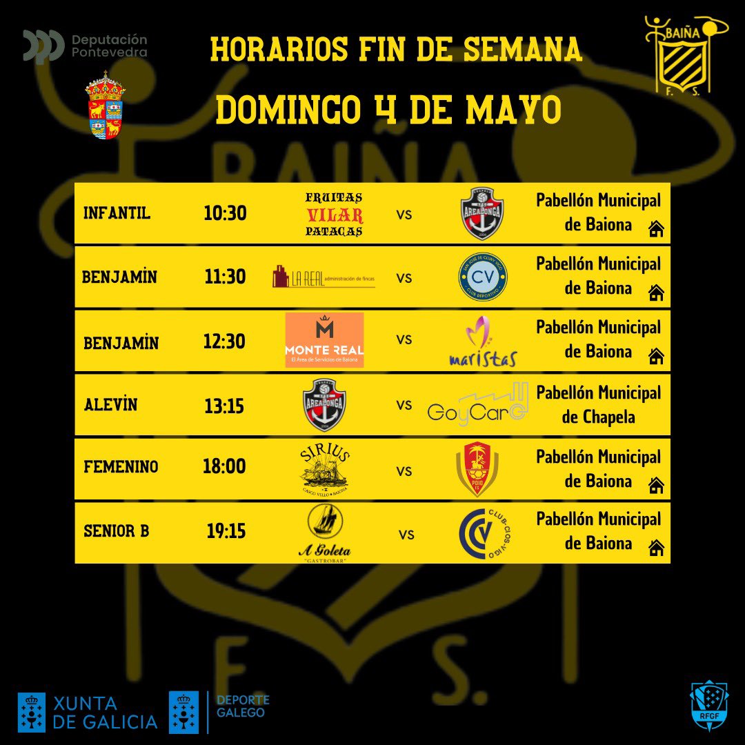 Baifutsal's tweet photo. 𝘼𝙜𝙚𝙣𝙙𝙖 𝙨𝙚𝙢𝙖𝙣𝙖𝙡 | 📆⏰ Estos son los horarios de esta semana 💪

#ATúaFamilia 💛
#SempreAmarelo
#SempreBaiña https://t.co/BIibFR8lkH