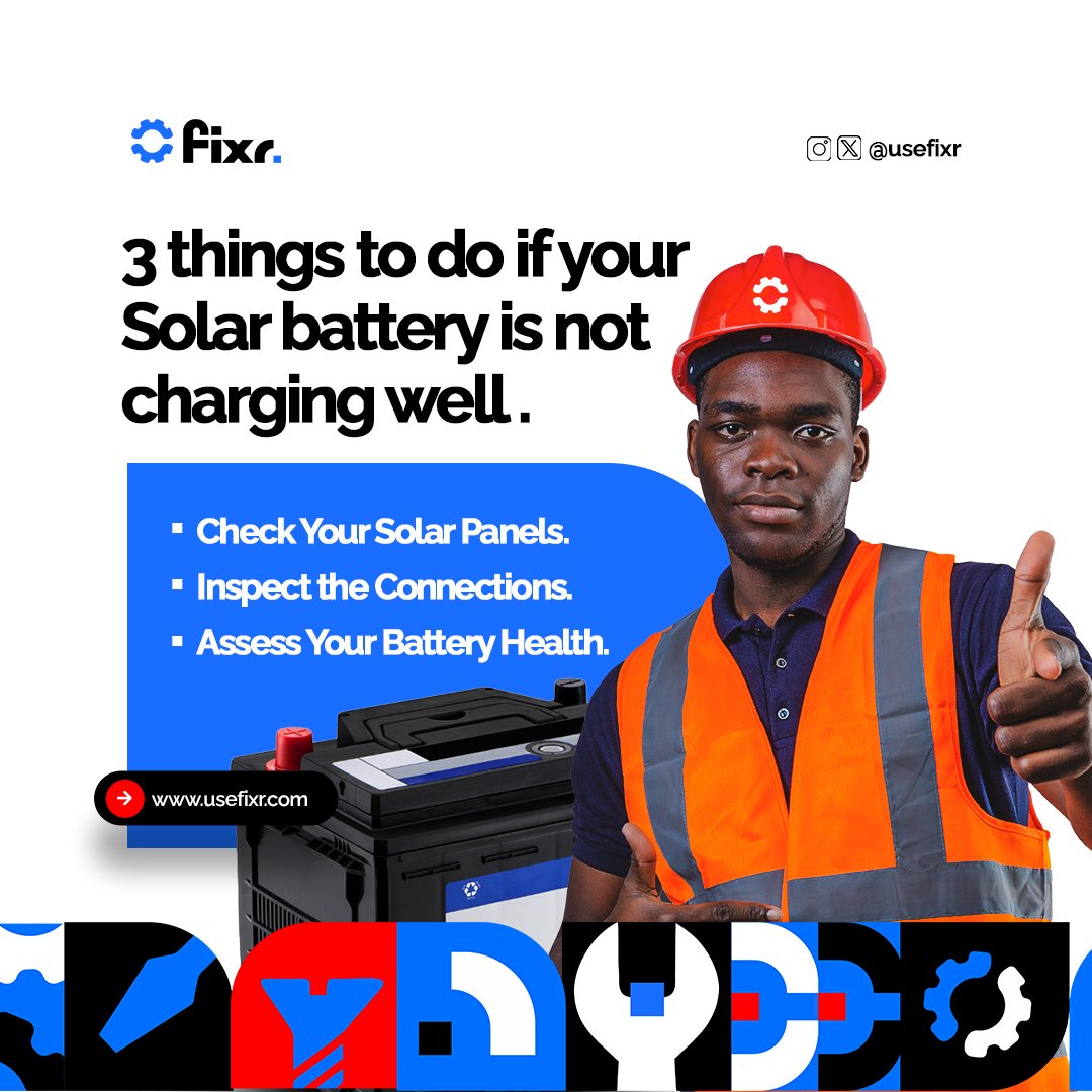usefixr's tweet image. Is your solar battery not charging like it should? 
Before you blame the battery, here are 3 quick checks you should do first.

Have you had issues with your solar setup lately? Let’s talk about it. Drop your experience or questions in the comment👇
#Fixr #SolarTips #arsenal