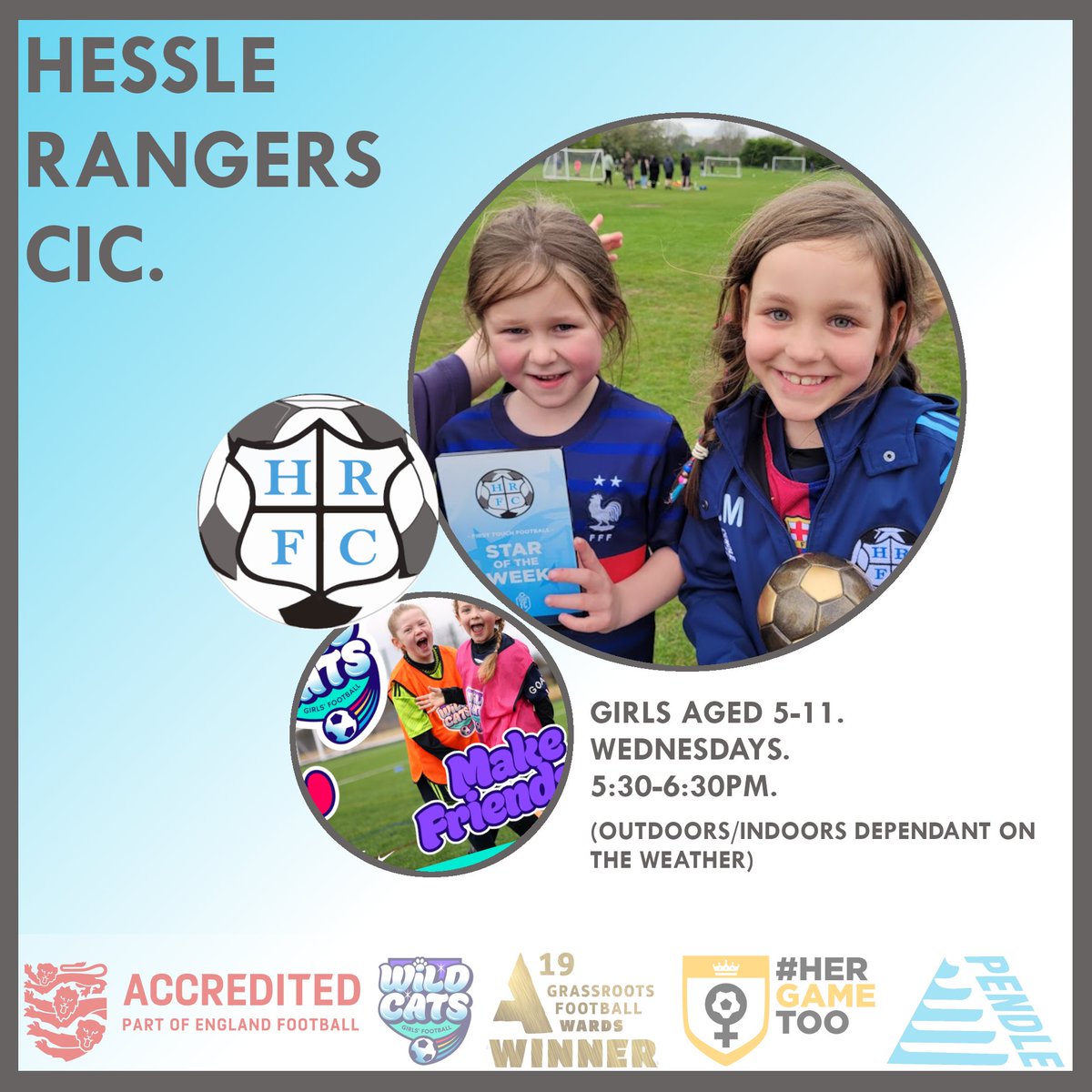 #GirlsFootball is on fire! Join us at Hessle Rangers #WILDCATS tonight at Bilsdon Park 5:30-6:30pm. Ages 5-11. New players always welcome! 

Play football. Make friends. Have fun! 🩵🤍 #UTR 

💰£2 (First session is FREE!)