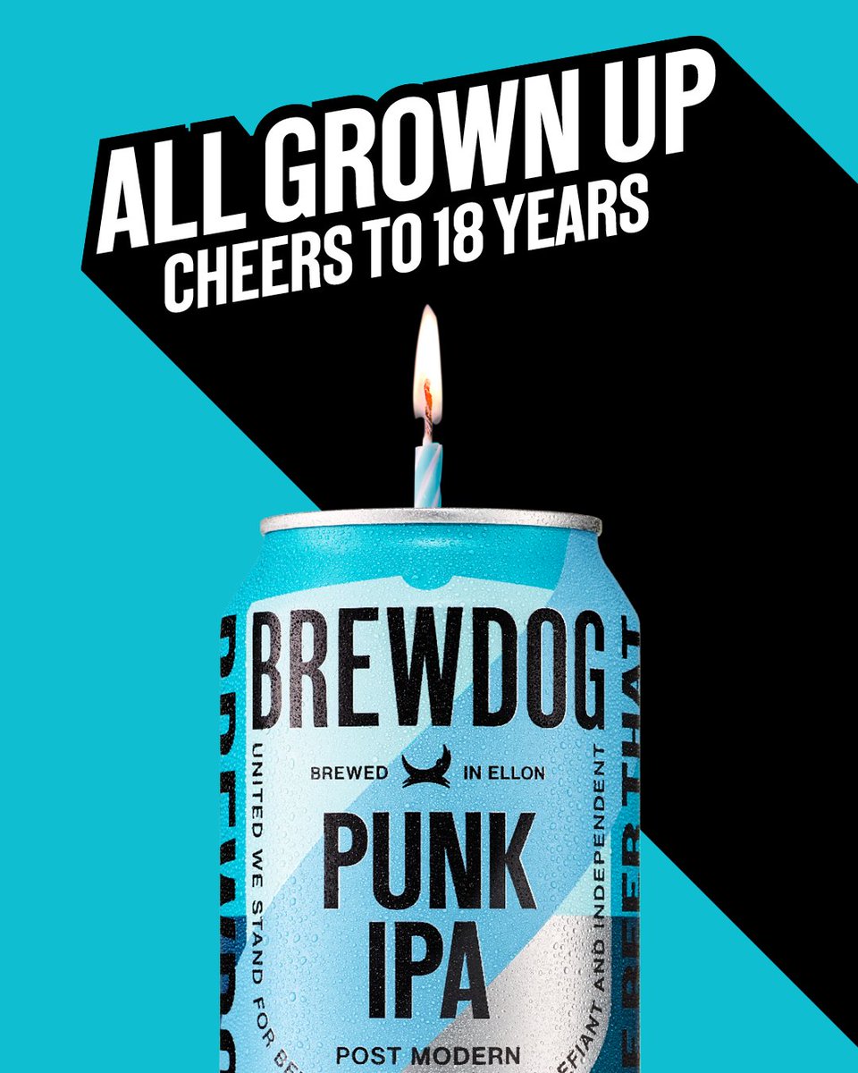brewdogjapan's tweet photo. This month, Punk IPA turns 18 years old. 

No, we can’t quite believe it either.

We've come a long way since 2007, and one thing's for sure: we're not slowing down any time soon.

Happy birthday to the beer that started it all🍺

#brewdog #PunkIPA https://t.co/QWMmeIrJN2