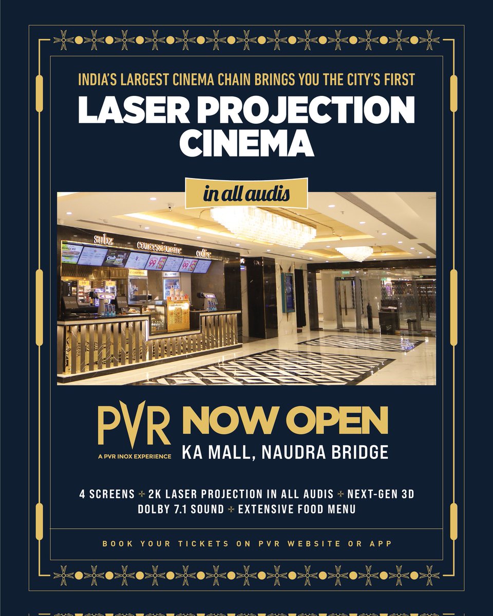 Jabalpur, it's time to experience the peak of cinema at the city's first PVR multiplex!😍 With 2K Laser Projection Cinema, your movie-going experience now comes with next-gen audio Dolby 7.1 sound, &amp; an extensive food menu to choose from located at Jabalpur’s,KA Mall nepier town