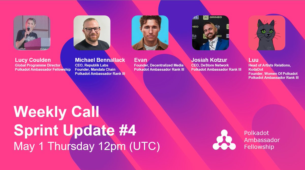Polkadot Ambassador Fellowship (@dotfellowship) on Twitter photo š¢Polkadot Ambassador Fellowship Sprint Update #4 Going LIVE Tomorrow at 12 PM UTC!
We have a great line up of guests:
<a href="/Mick_Republik/">Michael Bennallack</a>
<a href="/ET90266/">ET ā”ļø</a>
<a href="/JosiahKotzur1/">Josiah Kotzur</a>
<a href="/Just_Luuuu/">Luuu</a>
Join the conversation š¢Polkadot Ambassador Fellowship Sprint Update #4 Going LIVE Tomorrow at 12 PM UTC!
We have a great line up of guests:
<a href="/Mick_Republik/">Michael Bennallack</a>
<a href="/ET90266/">ET ā”ļø</a>
<a href="/JosiahKotzur1/">Josiah Kotzur</a>
<a href="/Just_Luuuu/">Luuu</a>
Join the conversation