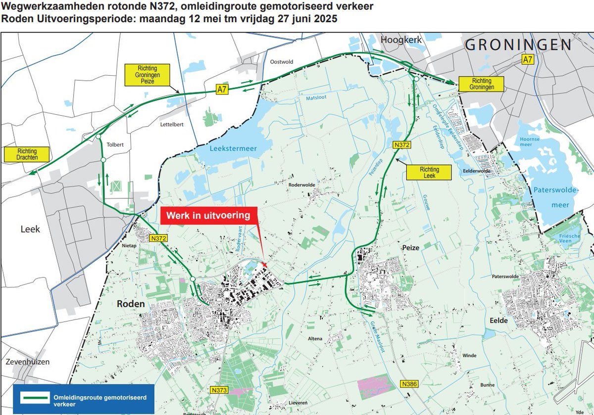 Van 12 mei tot en met 27 juni 2025 werkt de provincie Drenthe samen met de gemeente Noordenveld aan de aanleg van een rotonde op de N372 bij de kruising met de Dwazziewegen (ten noordoosten van Roden). Verkeer wordt omgeleid. Meer info ➡️ provincie.drenthe.nl/N372