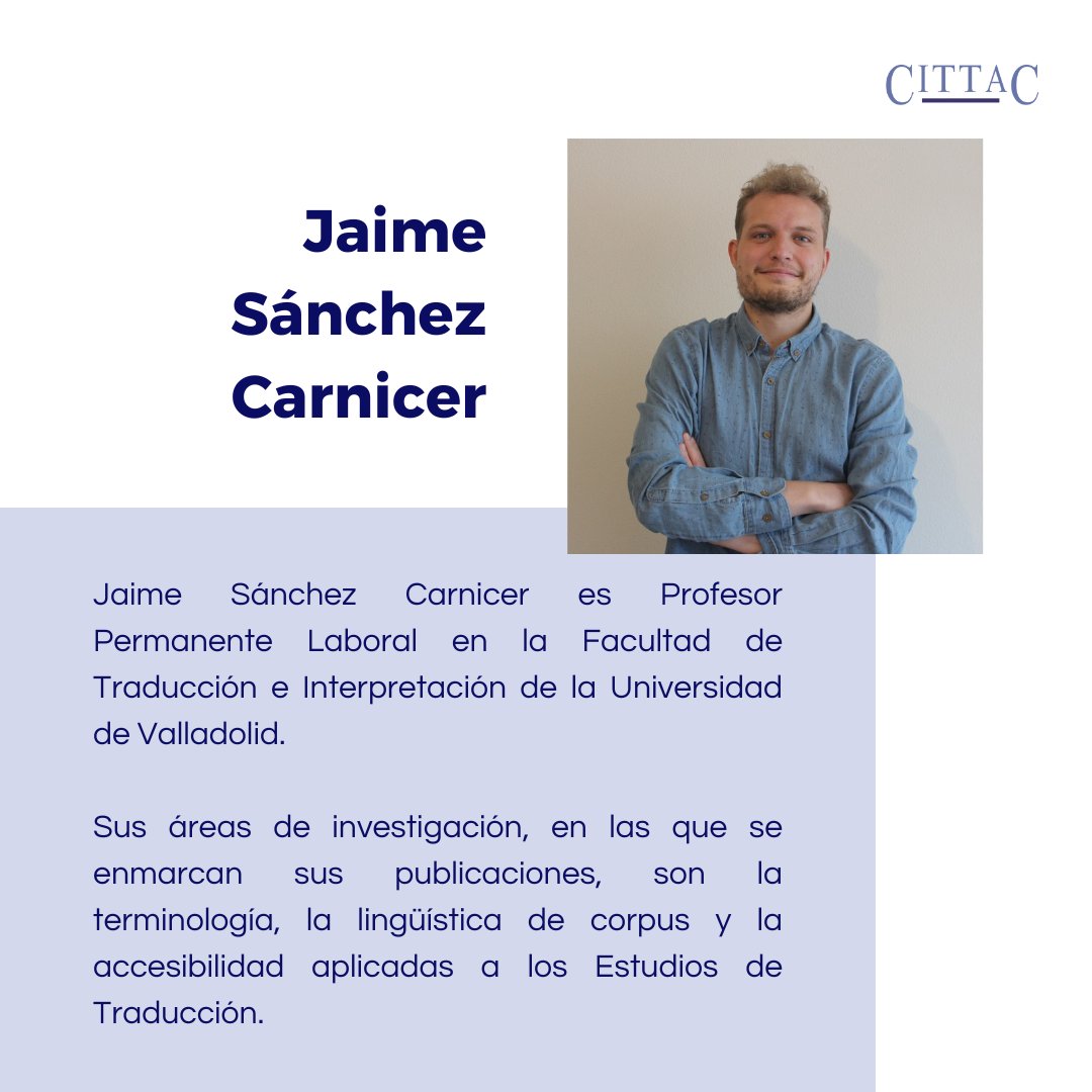 CITTAC (@cittac_uva) on Twitter photo 📢 Hoy os presentamos al Dr. Jaime Sánchez Carnicer.
Profesor en la Facultad de Traducción e Interpretación de la <a href="/UVa_es/">Gabinete de Comunicación Universidad de Valladolid</a> , enfoca su labor en #terminología, #lingüística de corpus y #accesibilidad en los Estudios de Traducción ♿️📚.
#LecturaFácil #Traducción #CITTAC #UVa 📢 Hoy os presentamos al Dr. Jaime Sánchez Carnicer.
Profesor en la Facultad de Traducción e Interpretación de la <a href="/UVa_es/">Gabinete de Comunicación Universidad de Valladolid</a> , enfoca su labor en #terminología, #lingüística de corpus y #accesibilidad en los Estudios de Traducción ♿️📚.
#LecturaFácil #Traducción #CITTAC #UVa