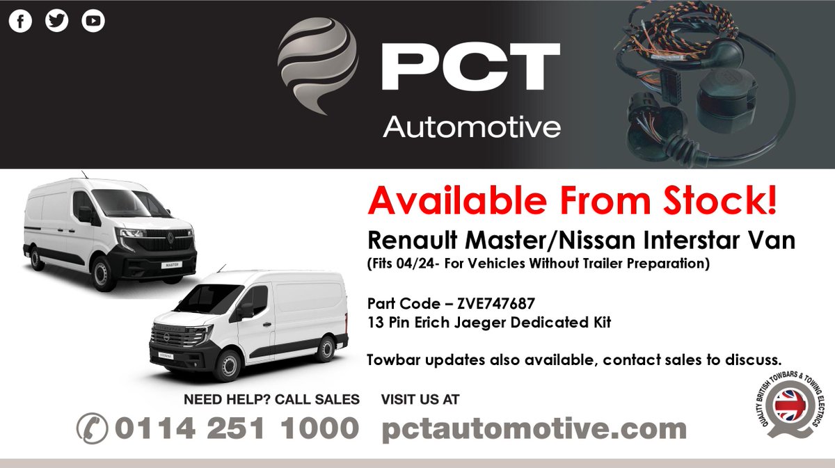 Dedicated Electrics Now In Stock For The New Renault Master &amp; Nissan Interstar Van⚡️

Option For Free Next Day Delivery📦

Available To Order Through The Website💻 
pctautomotive.com

#PCTAutomotive #ErichJaeger #TowingElectrics #Towbars #SteelCity #MadeinSheffield