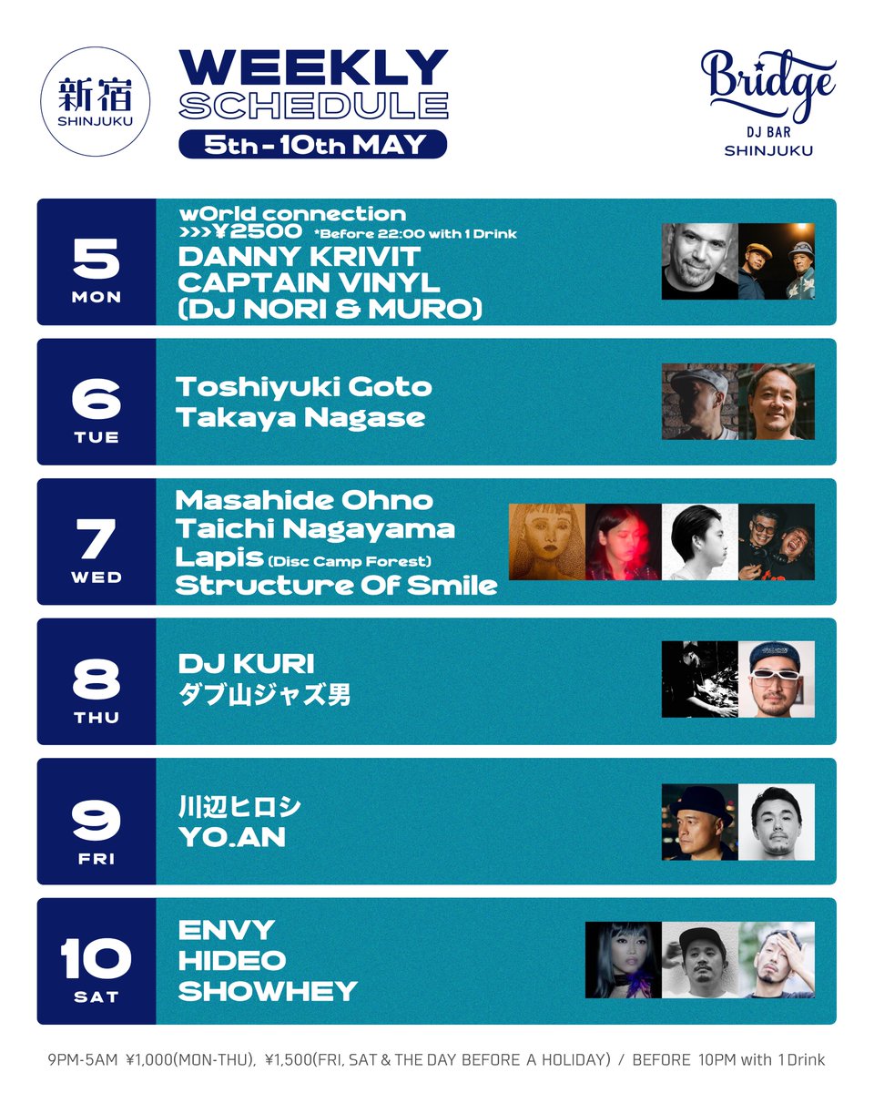 DJ BAR Bridge SHIBUYA / SHINJUKU (@djbarbridge) on Twitter photo 【Bridge SHIBUYA/SHINJUKUの今週のスケジュール】
<a href="/DJKANGOOfficial/">DJKANGO</a> <a href="/djshinyajpn/">DJ SHINYA</a> <a href="/DJHIRO_dj/">DJ HIRO</a> <a href="/djfuma_/">FU-MA</a> <a href="/MaL_p2s/">MaL</a> <a href="/yumi_cco/">dj yumi-cco</a> <a href="/Firoshi1/">川辺ヒロシ</a> <a href="/NITELIST_MUSIC/">DJEMMA NITELISTMUSIC</a> <a href="/sbt_s/">SHOWHEY</a> <a href="/DJNORI30/">前川範久</a> <a href="/dj_isoroqu/">加藤和行</a> <a href="/KZA1923/">Kza</a> <a href="/SENJUFRESH/">DJ MAS aka SENJU-FRESH!</a> <a href="/dannykrivit/">Danny Krivit</a> <a href="/captain_vinyl/">CAPTAIN VINYL</a> <a href="/DJMURO/">MURO</a> <a href="/xBLACKFORESTx/">DJ KURI</a> <a href="/dubyama/">dubyama</a> <a href="/YOholeAN/">YO.AN</a> 【Bridge SHIBUYA/SHINJUKUの今週のスケジュール】
<a href="/DJKANGOOfficial/">DJKANGO</a> <a href="/djshinyajpn/">DJ SHINYA</a> <a href="/DJHIRO_dj/">DJ HIRO</a> <a href="/djfuma_/">FU-MA</a> <a href="/MaL_p2s/">MaL</a> <a href="/yumi_cco/">dj yumi-cco</a> <a href="/Firoshi1/">川辺ヒロシ</a> <a href="/NITELIST_MUSIC/">DJEMMA NITELISTMUSIC</a> <a href="/sbt_s/">SHOWHEY</a> <a href="/DJNORI30/">前川範久</a> <a href="/dj_isoroqu/">加藤和行</a> <a href="/KZA1923/">Kza</a> <a href="/SENJUFRESH/">DJ MAS aka SENJU-FRESH!</a> <a href="/dannykrivit/">Danny Krivit</a> <a href="/captain_vinyl/">CAPTAIN VINYL</a> <a href="/DJMURO/">MURO</a> <a href="/xBLACKFORESTx/">DJ KURI</a> <a href="/dubyama/">dubyama</a> <a href="/YOholeAN/">YO.AN</a>