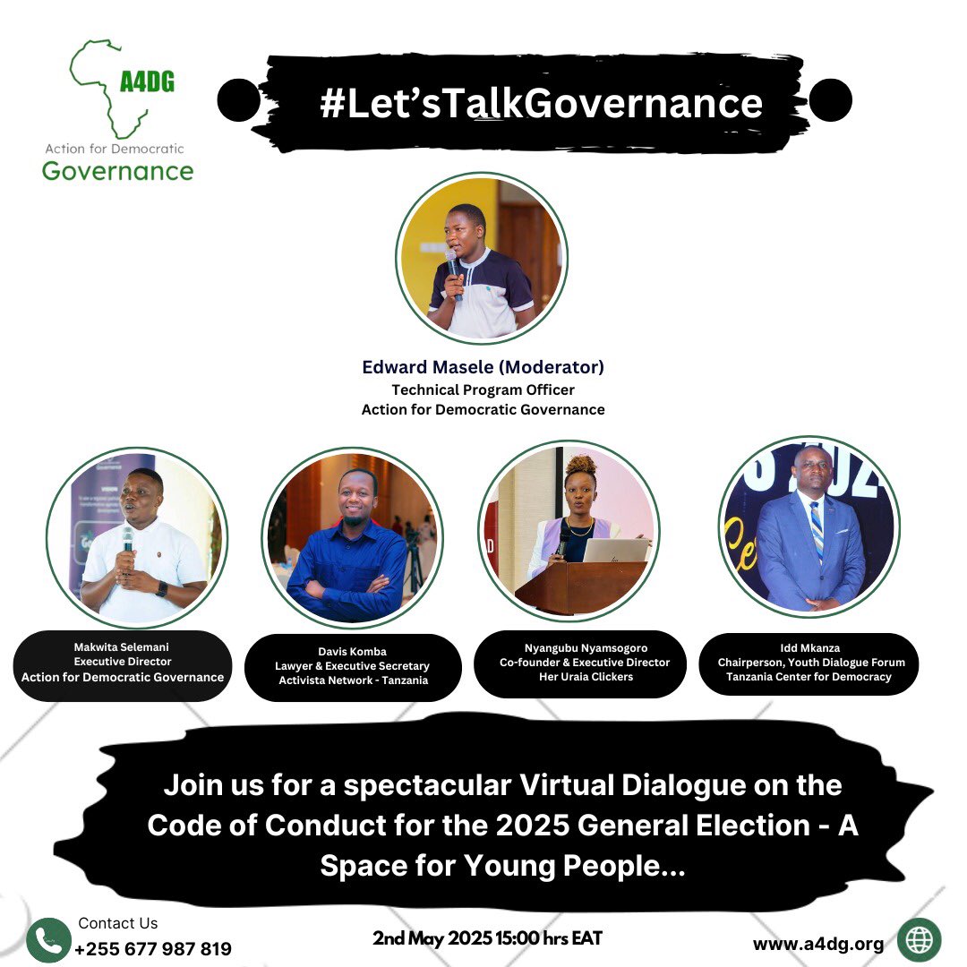A4DG through #Let’sTalkGovernance program is organizing a virtual dialogue to reflect on the “2025 General Election Code of Conduct, A Space for Young Peoples.

Are you interested to participate.? Please join us and book your slot to participate through: 

surl.li/jfreca