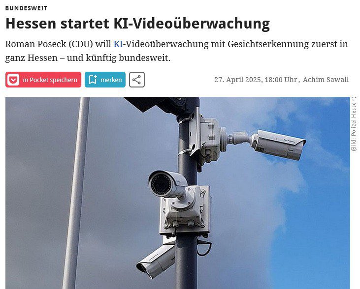 KI-Videoüberwachung mit Gesichtserkennung
zuerst in ganz Hessen
und künftig bundesweit. 

Wo ist der Aufschrei der Datenschützer? Wo sind die Demos gegen die totale Überwachung? Wo ist die Gegenwehr der Bevölkerung gegen einen übergriffigen Apparat, der jegliche Hemmungen