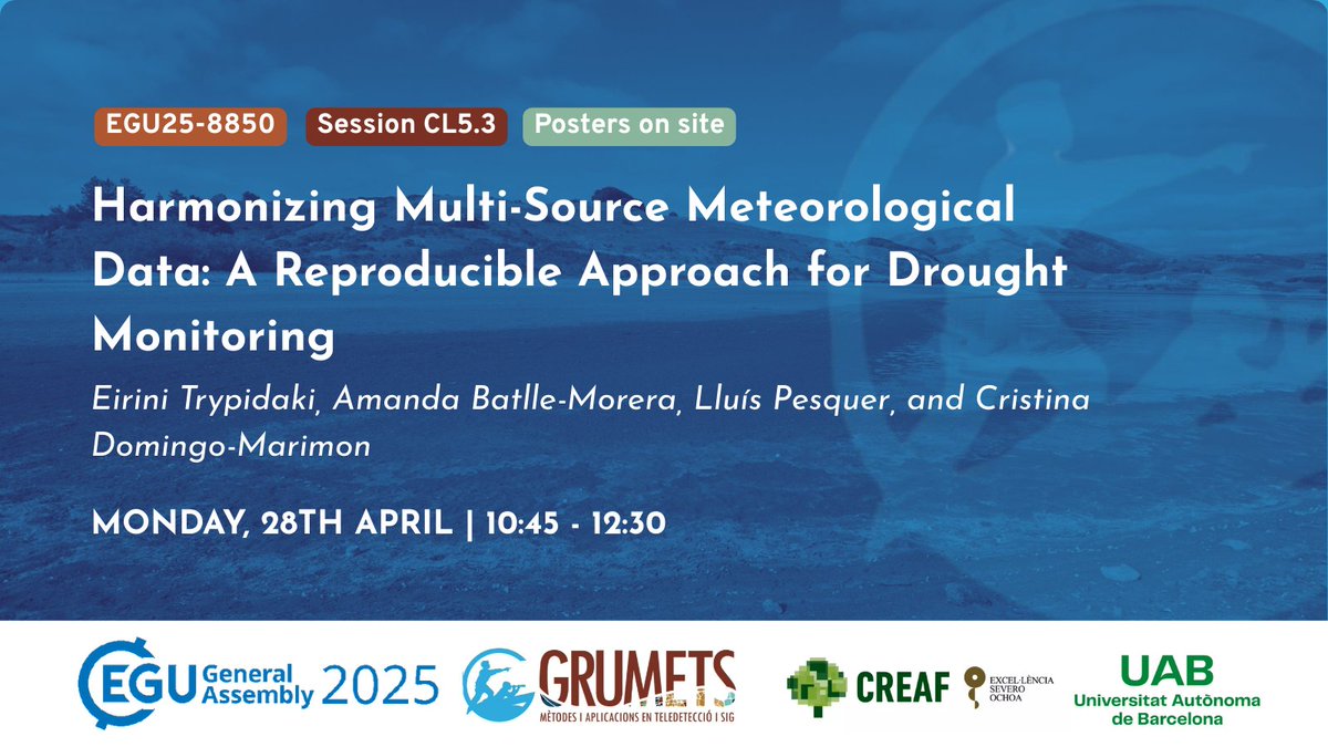 grumets_UAB's tweet photo. MONDAY 28TH APRIL #EGU25

🛰️ How to improve drought monitoring? Eirini Trypidaki presented a poster on site showing a reproducible approach to harmonize multi-source meteorological data (1950–2023) in Spain’s Ebro Basin.

ℹ️https://t.co/4pbHESsBsm https://t.co/hDPiRTJjiN