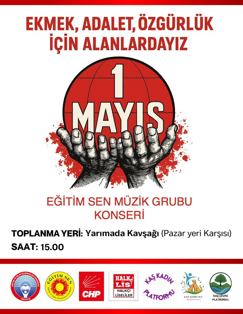 HAYDİ 1MAYISA... 

Emeğin, alın terinin, dayanışmanın bayramı
1 Mayıs'ta hak, hukuka, adalet için omuz omuzayız!

1 Mayıs saat YARIN 15.00'te Kaş Yarım Ada Kavşağında emek ve mücadele için toplanıyoruz.

#1Mayıs #Kurtulusyoktekbasınayahepberaberyahicbirimiz