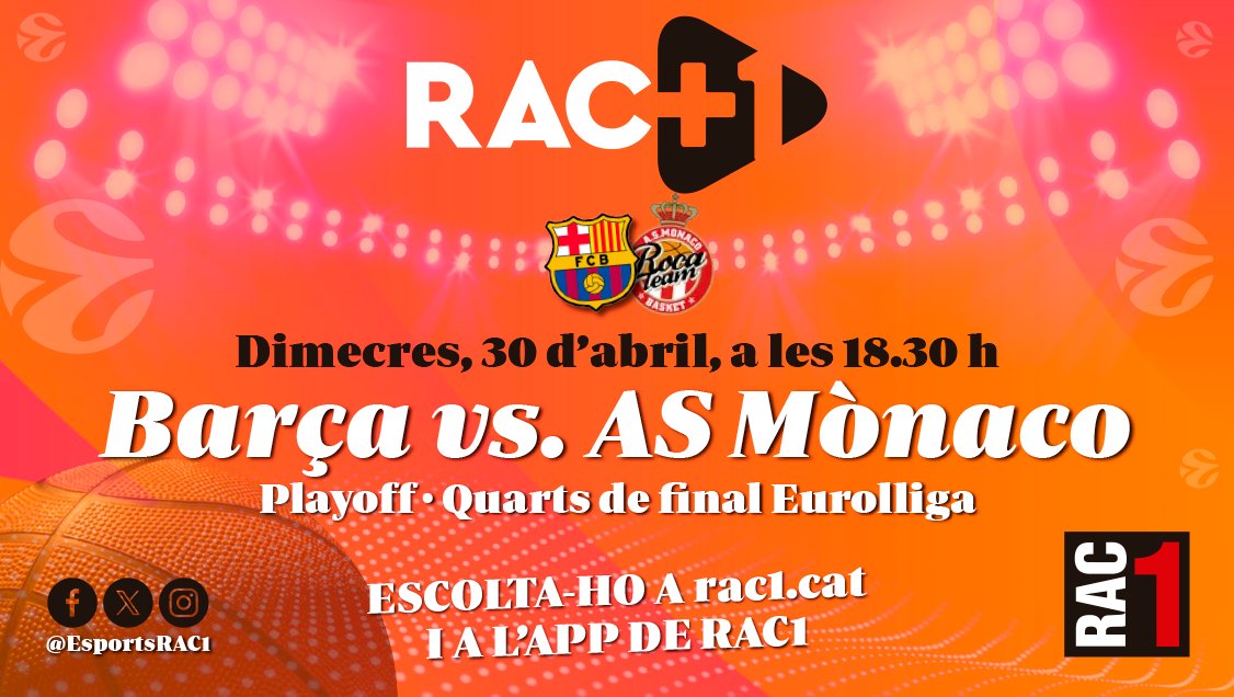 Esports RAC1 (@esportsrac1) on Twitter photo 💥 El play-off de l'Eurolliga es juga a 𝗥𝗔𝗖+𝟭!
Des de les 18.30 h ⏰ viu el tercer el partit dels quarts entre el <a href="/FCBbasket/">Barça Basket</a> i el Mònaco amb <a href="/daniaguila12/">Dani Aguilà</a>, <a href="/Albert_FF/">AlVert Ferran Farrés</a> i els comentaris de <a href="/JordiColomeB/">Jordi Colomé Batlle</a> i <a href="/albert_pedrol/">Albert Pedrol</a>.
▶️ WEB: rac1.cat
📲 App de <a href="/rac1/">RAC1</a> 💥 El play-off de l'Eurolliga es juga a 𝗥𝗔𝗖+𝟭!
Des de les 18.30 h ⏰ viu el tercer el partit dels quarts entre el <a href="/FCBbasket/">Barça Basket</a> i el Mònaco amb <a href="/daniaguila12/">Dani Aguilà</a>, <a href="/Albert_FF/">AlVert Ferran Farrés</a> i els comentaris de <a href="/JordiColomeB/">Jordi Colomé Batlle</a> i <a href="/albert_pedrol/">Albert Pedrol</a>.
▶️ WEB: rac1.cat
📲 App de <a href="/rac1/">RAC1</a>