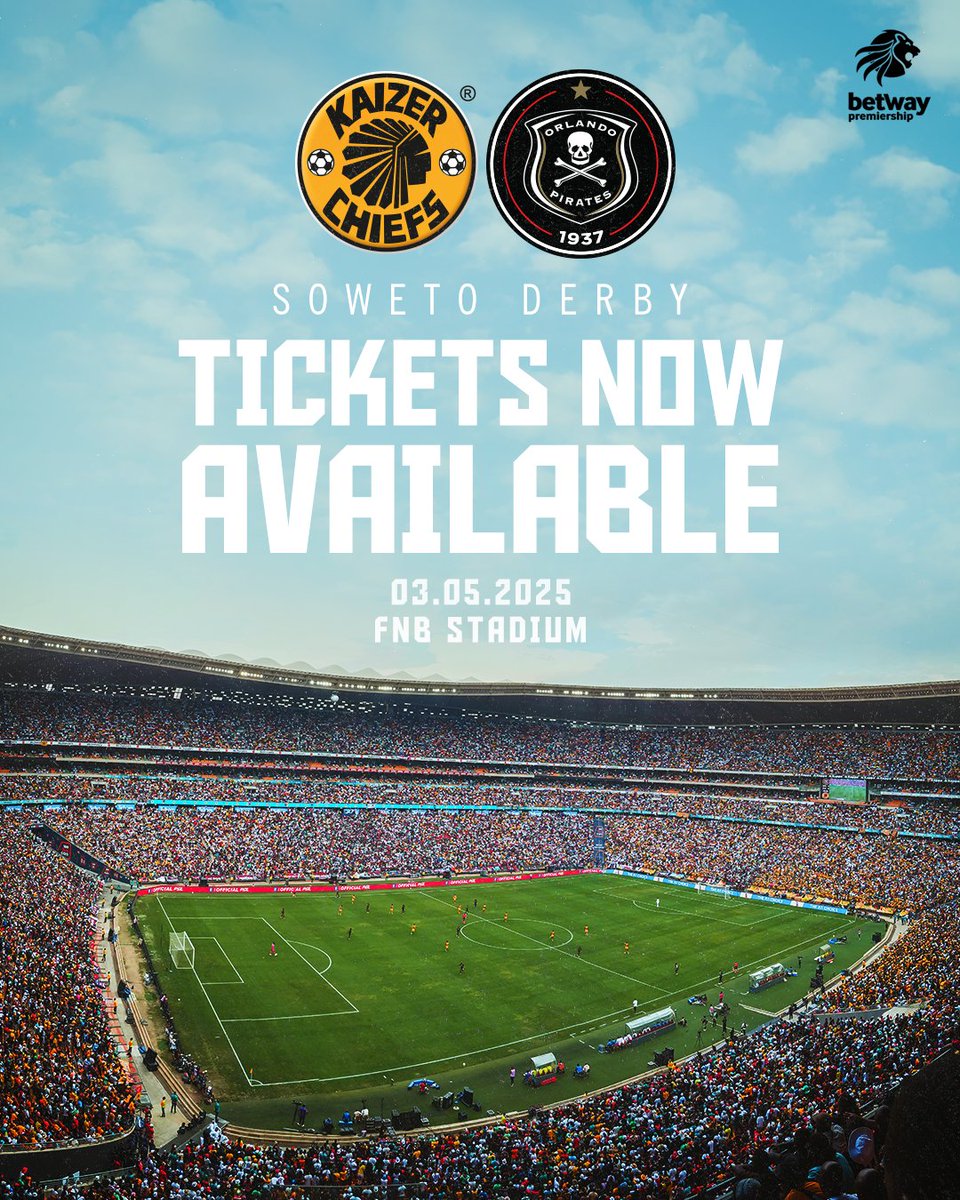 Orlando Pirates (@orlandopirates) on Twitter photo Good News, Buccaneers โ ๏ธ!
Another chance to secure your #SowetoDerby tickets is here โ but hurry; limited tickets are available!
๐ <a href="/KaizerChiefs/">Kaizer Chiefs</a>
๐ 03 May 2025
โฐ 15H00
๐ FNB Stadium
๐๏ธ shorturl.at/ZlR97
๐บ <a href="/SuperSportTV/">SuperSport ๐</a>
โซโช๐ดโญ
#OrlandoPirates
#OnceAlways Good News, Buccaneers โ ๏ธ!
Another chance to secure your #SowetoDerby tickets is here โ but hurry; limited tickets are available!
๐ <a href="/KaizerChiefs/">Kaizer Chiefs</a>
๐ 03 May 2025
โฐ 15H00
๐ FNB Stadium
๐๏ธ shorturl.at/ZlR97
๐บ <a href="/SuperSportTV/">SuperSport ๐</a>
โซโช๐ดโญ
#OrlandoPirates
#OnceAlways