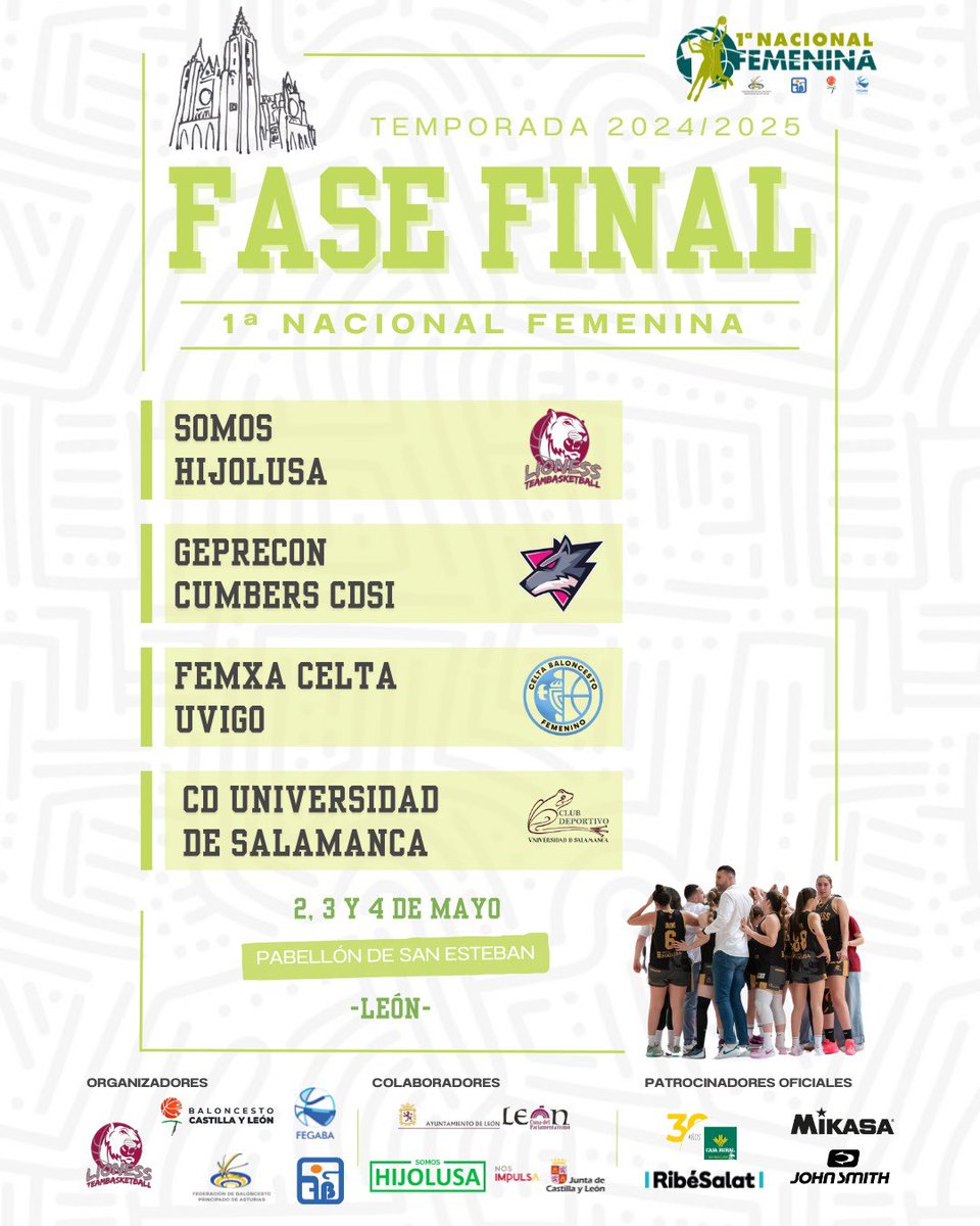 | Fase Final - 1ª Nacional |

¡Del 2 al 4 de mayo tienes una cita muy especial!

Se celebra la Fase Final y... ¡LA CELEBRAMOS EN LEÓN! 🦁 

Nuestro primer equipo luchará en San Esteban frente a los mejores clasificados para conseguir una plaza en la fase de ascenso a LF2.
