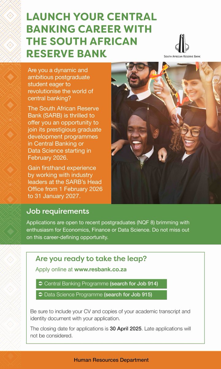 Closing Today: The South African Reserve Bank invites postgraduate students to apply for its one-year Graduate Development Programme, which will start in February 2026. Interested students can apply for the Central Banking programme 👉🏿 bit.ly/4he14ep or the Data Science