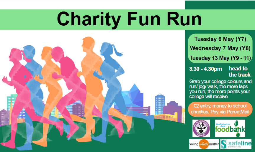 Sign up on ParentMail for our College Charity Fun Run on 6, 7 or 13 May after school. £2 entry fee, money raised to go to <a href="/SafelineUK/">Safeline</a> <a href="/ymmorguk/">Young Minds Matter</a> <a href="/SOAFoodbank/">Stratford-upon-Avon Foodbank</a> <a href="/TheBardsHospice/">The Shakespeare Hospice</a> #SuASCommunity