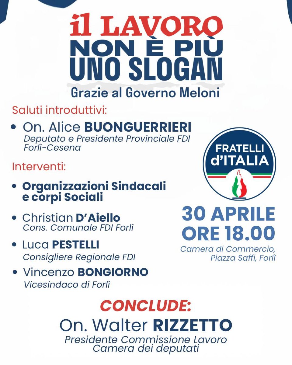 w_rizzetto's tweet photo. Ci vediamo oggi pomeriggio, 30 aprile, a #DuinoAurisina (Ts) alle ore 17.30 con il coordinatore provinciale @fditrieste On. @NickyMatteoni e alle ore 18.30 a #Forlì con il presidente provinciale @FdIForliCesena On. @BuonguerrieriA.
Il Lavoro non è più uno slogan! https://t.co/rDNFAqkLBQ