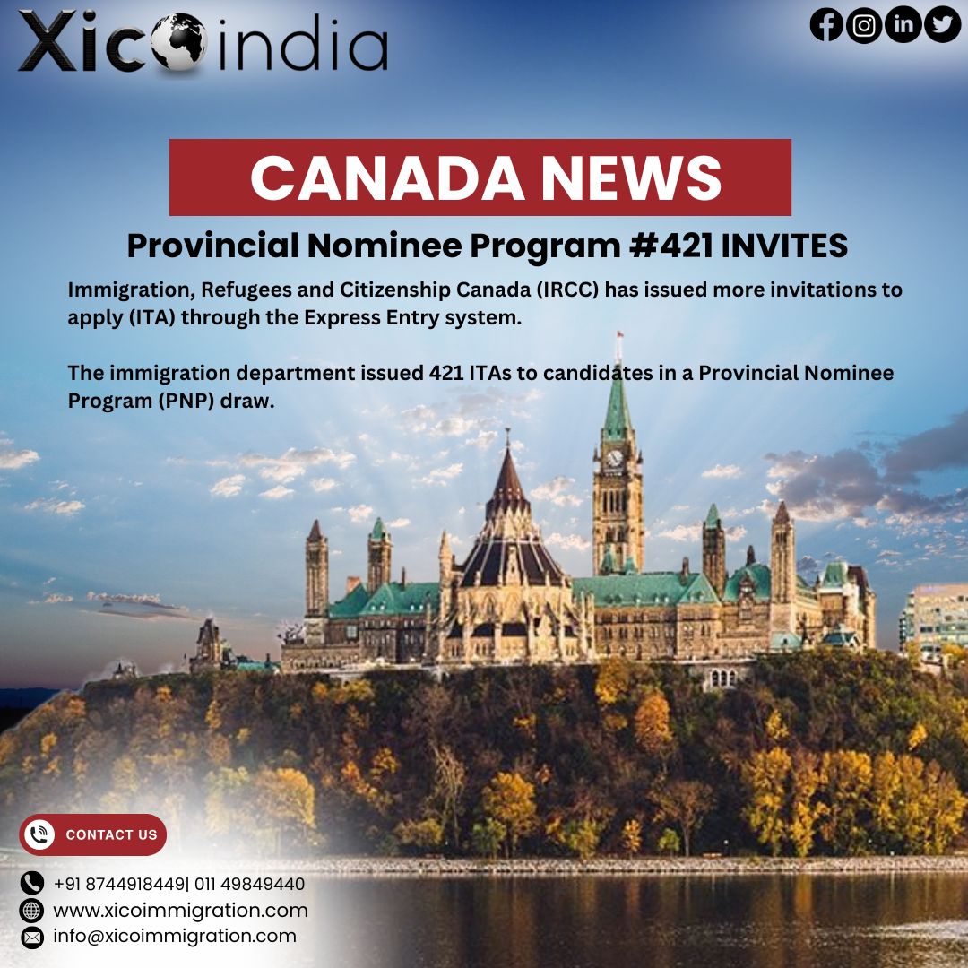 xicoindia_'s tweet image. The Express Entry draw for the Provincial Nominee Program (PNP) issued 421 invitations.

#expressentry #expressentrydraw #pnpprogram #pnp #crsscore #crs #immigrationconsultant #xicoindia #xicoindiaimmigration