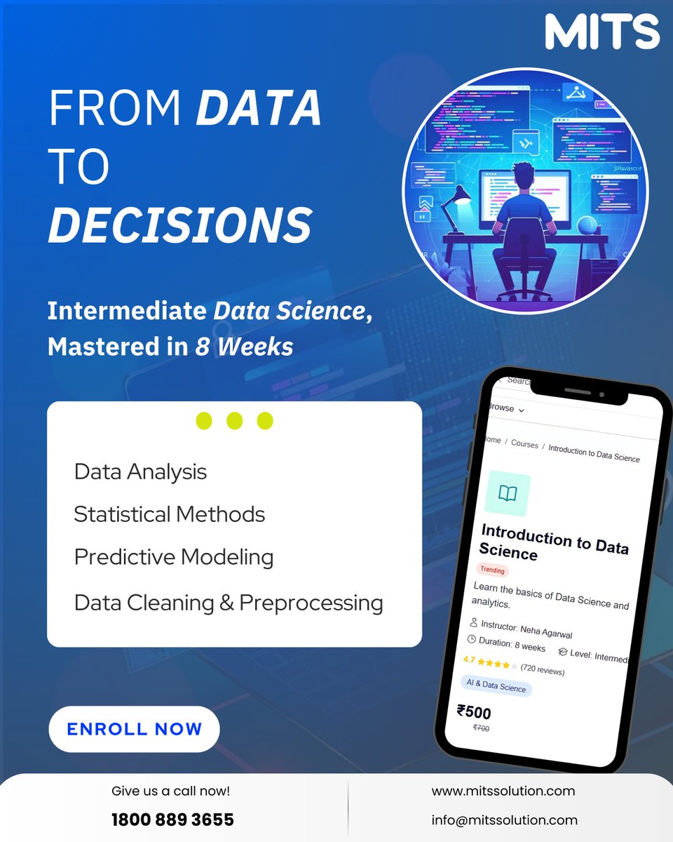 SolutionMits's tweet image. Master the science behind smarter decisions. In 8 weeks, go beyond data — and become the expert who turns insights into impact.
#MITSSolution #DataScience #DataAnalysis #StatisticalMethods #DataCleaning #MachineLearning #AI #BigData #TechSkills #CareerGrowth