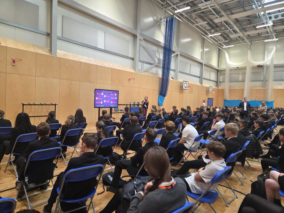 BentonParkSch's tweet photo. KS3 morning meetings have been visited by @wytradstandards this week to talk all about the risks of smoking and vaping. including illegal vapes being sold across Leeds! 
Students have been super respectful and listened intently to the important health messages discussed https://t.co/DsundQIDt5