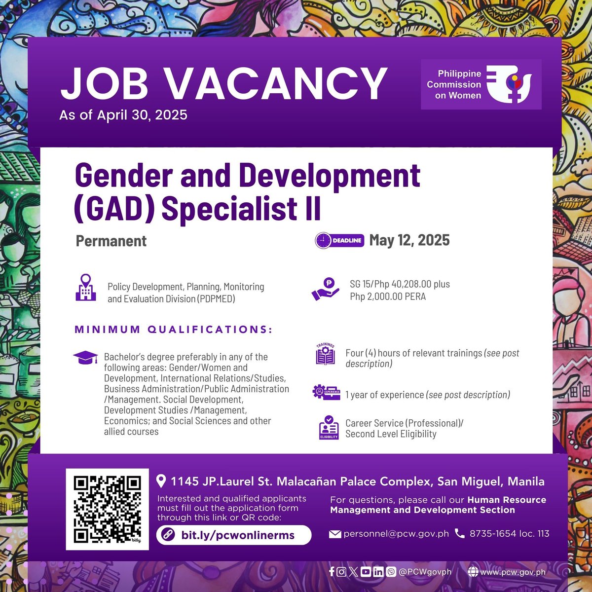 #PCWJobVacancy2025 | GAD SPECIALIST II

Interested and qualified applicants may submit their applications through this link bit.ly/pcwonlinerms.

For more job vacancies please visit pcw.gov.ph/jobs/