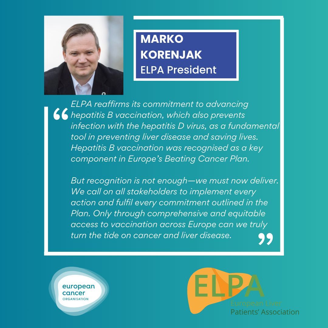 European Cancer Organisation (@europeancancer) on Twitter photo As #WorldImmunizationWeek closes, <a href="/EuropeLiver/">European Liver Patients' Association</a> reminds us that hepatitis B vaccination is both a scientific breakthrough and a human right.
📢 ELPA calls on all stakeholders to fulfil the commitments of Europe’s Beating Cancer Plan, and to ensure equitable access to vaccination As #WorldImmunizationWeek closes, <a href="/EuropeLiver/">European Liver Patients' Association</a> reminds us that hepatitis B vaccination is both a scientific breakthrough and a human right.
📢 ELPA calls on all stakeholders to fulfil the commitments of Europe’s Beating Cancer Plan, and to ensure equitable access to vaccination