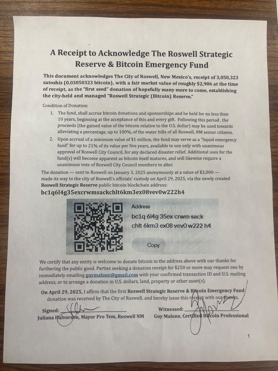 🇺🇸ニューメキシコ州、ロズウェル市の公式備蓄として #ビットコイン を受領📦 初の寄付は約0.03BTC（寄付時点での価値は約$2,906）💰  将来は高齢者支援や災害時の緊急基金にも活用予定！自治体レベルでのBTC採用が進行中🔥 （詳細は画像ALTにて）