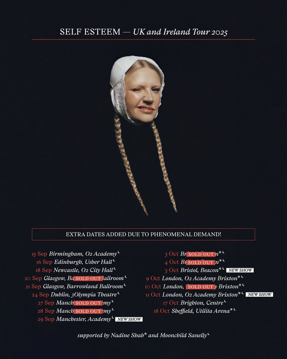 Communion ONE (@communionone) on Twitter photo Due to phenomenal demand, <a href="/SELFESTEEM___/">Self Esteem</a> has added extra dates in Manchester & Bristol on her massive UK Tour this September & October! With special guests <a href="/nadineshah/">Nadine Shah</a> & <a href="/Moonsanelly/">Moonchild Sanelly</a> just announced ❤️🔥
Tickets for the added dates go on sale this Friday at 10am. Due to phenomenal demand, <a href="/SELFESTEEM___/">Self Esteem</a> has added extra dates in Manchester & Bristol on her massive UK Tour this September & October! With special guests <a href="/nadineshah/">Nadine Shah</a> & <a href="/Moonsanelly/">Moonchild Sanelly</a> just announced ❤️🔥
Tickets for the added dates go on sale this Friday at 10am.