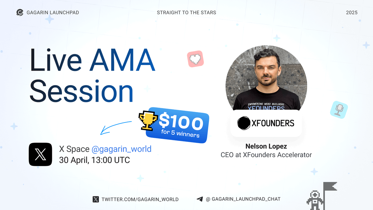 GAGARIN Launchpad (@gagarin_world) on Twitter photo 🎙 AMA Announcement 🎙
Our festive celebration is going strong, and we’re excited to welcome you to an exclusive AMA session with our partners at <a href="/XFounders_camp/">XFounders Bootcamp & Startup Reality</a>!
📅 Date: April 30
🕑 Time: 13:00 UTC
📍 Venue:
x.com/i/spaces/1dRKZ…
🌐 X-Founders is an accelerator for Web3 🎙 AMA Announcement 🎙
Our festive celebration is going strong, and we’re excited to welcome you to an exclusive AMA session with our partners at <a href="/XFounders_camp/">XFounders Bootcamp & Startup Reality</a>!
📅 Date: April 30
🕑 Time: 13:00 UTC
📍 Venue:
x.com/i/spaces/1dRKZ…
🌐 X-Founders is an accelerator for Web3