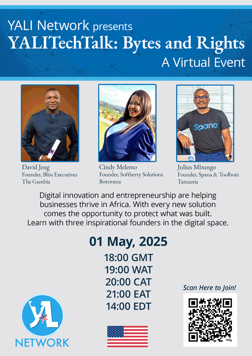 U.S. Embassy Abidjan (@usembabidjan) on Twitter photo Join the <a href="/YALINetwork/">YALI Network</a> for YALITechTalk: Bytes and Rights! Get ready for a powerful conversation about Digital Innovation and Intellectual Property on May 1, 2025 at 6 PM - GMT, 7 PM - WAT, 8 PM - CAT, 9 PM - EAT, 2 PM - EST.
Join #YALINetwork members: Cindy Melemo #Botswana, Join the <a href="/YALINetwork/">YALI Network</a> for YALITechTalk: Bytes and Rights! Get ready for a powerful conversation about Digital Innovation and Intellectual Property on May 1, 2025 at 6 PM - GMT, 7 PM - WAT, 8 PM - CAT, 9 PM - EAT, 2 PM - EST.
Join #YALINetwork members: Cindy Melemo #Botswana,