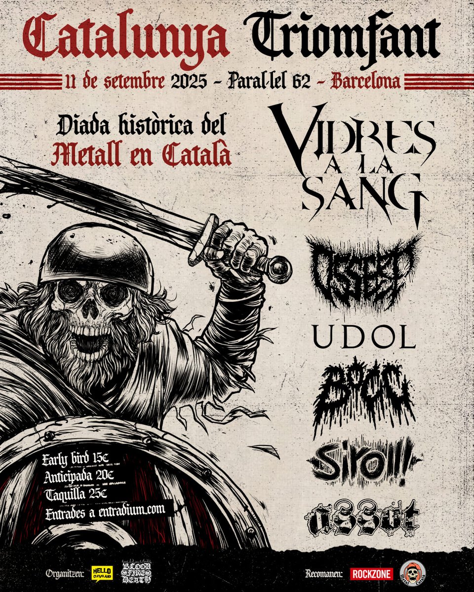 🔥 CATALUNYA TRIOMFANT: <a href="/Vidresalasang/">Vidres a la Sang</a>, <a href="/osserpband/">Ó)))sserp</a>, Udol, Bocc, <a href="/Siroll_metal/">Siroll</a> i Assot, el proper 11 de setembre fent història a Barcelona!! La Diada salvatge que no oblidaràs. Tickets early bird volant a <a href="/entradium/">entradium</a>: entradium.com/ca/events/fest…