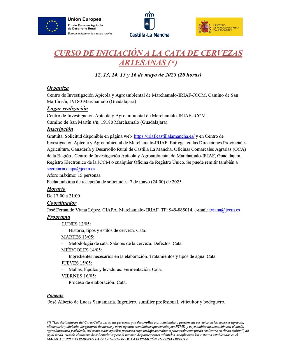 📚 Cursos gratuitos de @FormaciónAgraria <a href="/JCCMGuadalajara/">JCCM Guadalajara</a> durante los meses de mayo y junio en el CIAPA de Marchamalo-IRIAF:
✔️ Iniciación a la cata de cervezas artesanas
✔️ Iniciación a la truficultura
✔️ Iniciación a la cata de vinos
➕ Inscripción: iriaf.castillalamancha.es