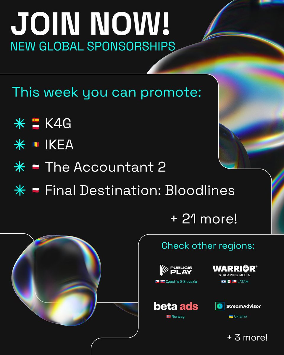 inStreamly (@instreamly) on Twitter photo Last day of April, perfect day to pick up a new sponsorship! 🎯
This week brings a mix of movies, gaming, and lifestyle, check out what’s live now! Plus more coming from partners in Czechia, Slovakia, LATAM, Norway, Ukraine, and beyond 🚀
<a href="/k4g_com/">K4G.com</a> <a href="/IKEA/">IKEA</a> #Accountant2 <a href="/FDMovie/">Final Destination Bloodlines</a> Last day of April, perfect day to pick up a new sponsorship! 🎯
This week brings a mix of movies, gaming, and lifestyle, check out what’s live now! Plus more coming from partners in Czechia, Slovakia, LATAM, Norway, Ukraine, and beyond 🚀
<a href="/k4g_com/">K4G.com</a> <a href="/IKEA/">IKEA</a> #Accountant2 <a href="/FDMovie/">Final Destination Bloodlines</a>