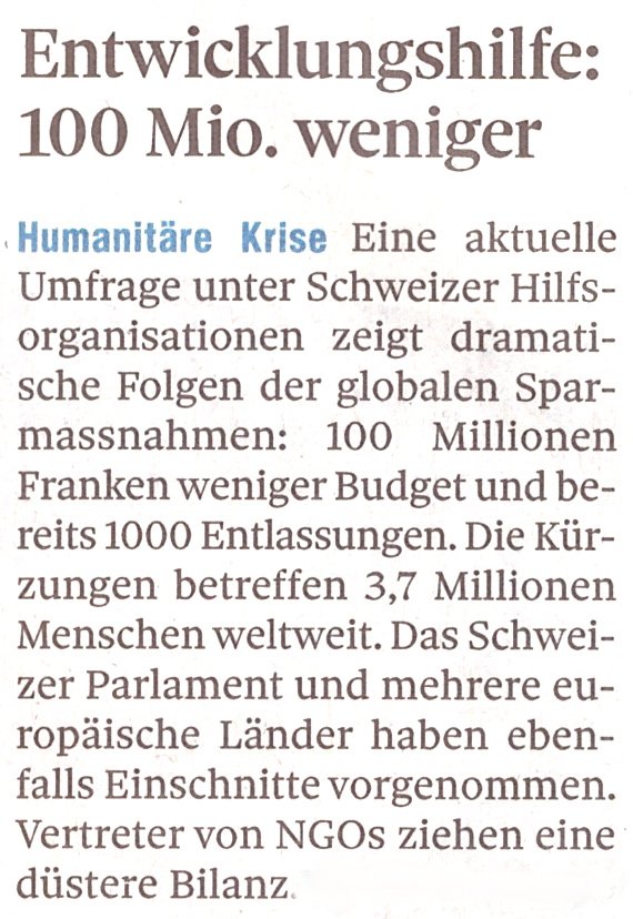 Aufgrund reduzierter Spenden-Einnahmen kürzten NGOs ihre Budgets um 100 Mio. Fr. Gleichzeitig wurden 1'000 Arbeitnehmern (Kosten = 100 Mio.) gekündigt. Die 100 Mio. gingen demnach an die Beschäftigten, während die Bedürftigen, dieser Information entsprechend, leer ausgingen.
