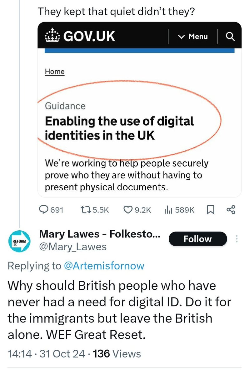 reformexposed's tweet image. Mary Lawes (@Mary_Lawes), Reform UK candidate for #Folkestone East, Kent 

Is it really the @reformparty_uk view that immigrants are being brought in to the UK to break down our society as part of the WEF's 'Great Reset'?

She thinks we should give immigrants digital ID, but not
