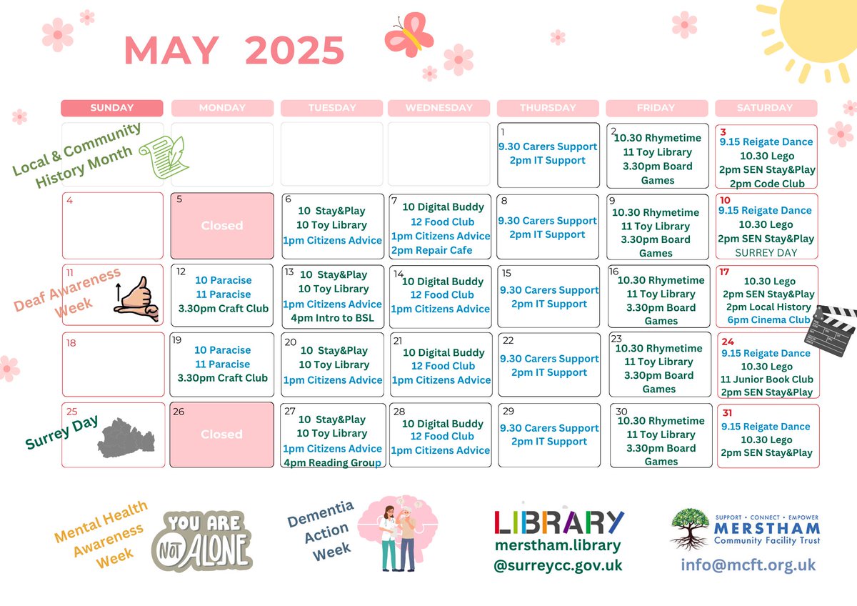 MersthamLibrary's tweet image. Marvellous May is here in Merstham HUB
Children Craft Club/ LEGO/ Board Games/ Stay&Play/ Toy Library/ Rhymetime/ Reigate Dance
Adults Paracise/ Digital IT Support/ Carers Support/ Reading Group/ Citizens Advice/ Food Bank/ Repair Cafe
plus Cinema Club and Intro to BSL