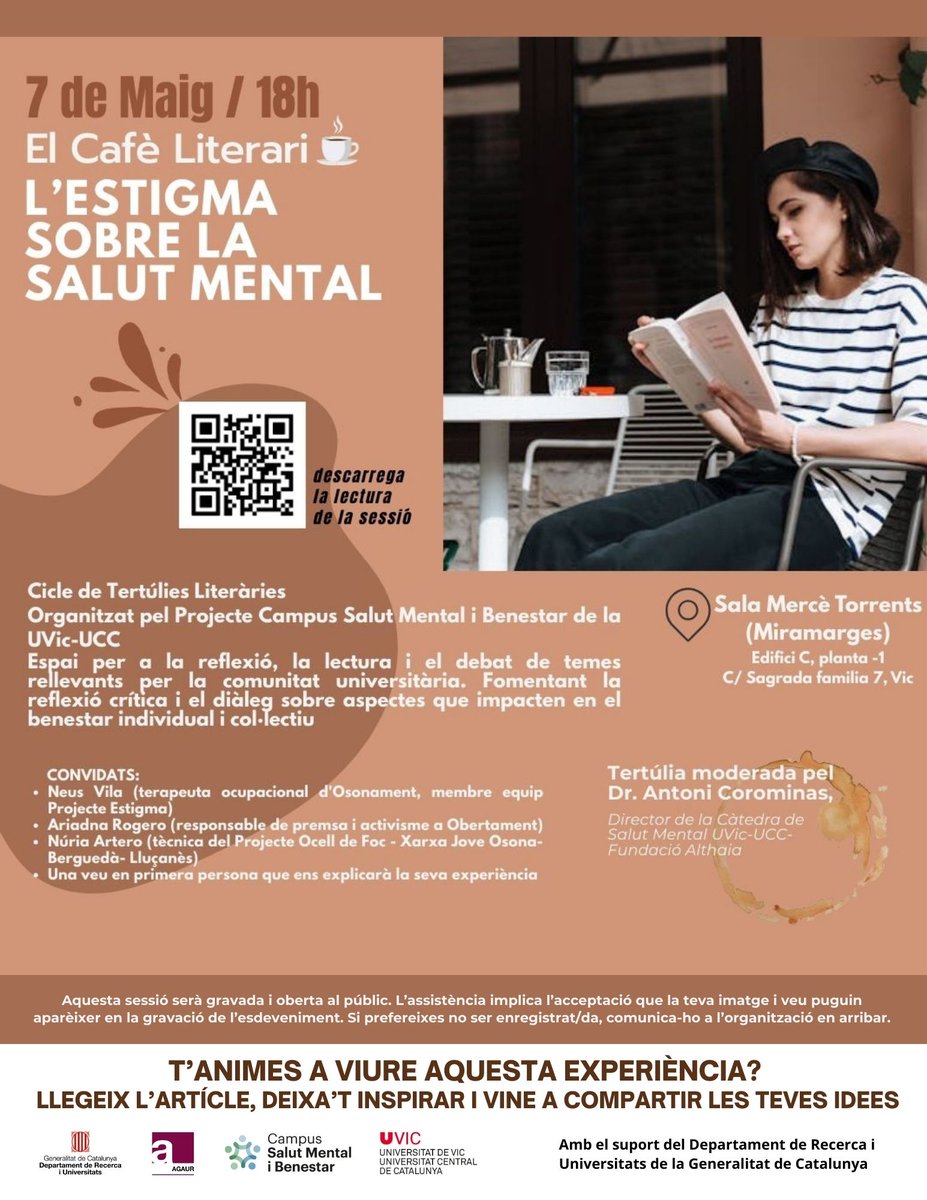 UDivulga (@udivulga) on Twitter photo Si ets PDI, PTGAS o estudiant de la UVic-UCC no et perdis aquesta cafè literari organitzat en el marc del projecte #CampusSalutMental
#salutmental
🗓️Dimecres 7 de maig
🕑18:00
📍Sala Mercè Torrents de la UVic-UCC (Campus Miramarges C)
<a href="/UVic_FCSB/">Facultat de Ciències de la Salut i el Benestar</a>
👉bit.ly/4cQTUfg Si ets PDI, PTGAS o estudiant de la UVic-UCC no et perdis aquesta cafè literari organitzat en el marc del projecte #CampusSalutMental
#salutmental
🗓️Dimecres 7 de maig
🕑18:00
📍Sala Mercè Torrents de la UVic-UCC (Campus Miramarges C)
<a href="/UVic_FCSB/">Facultat de Ciències de la Salut i el Benestar</a>
👉bit.ly/4cQTUfg