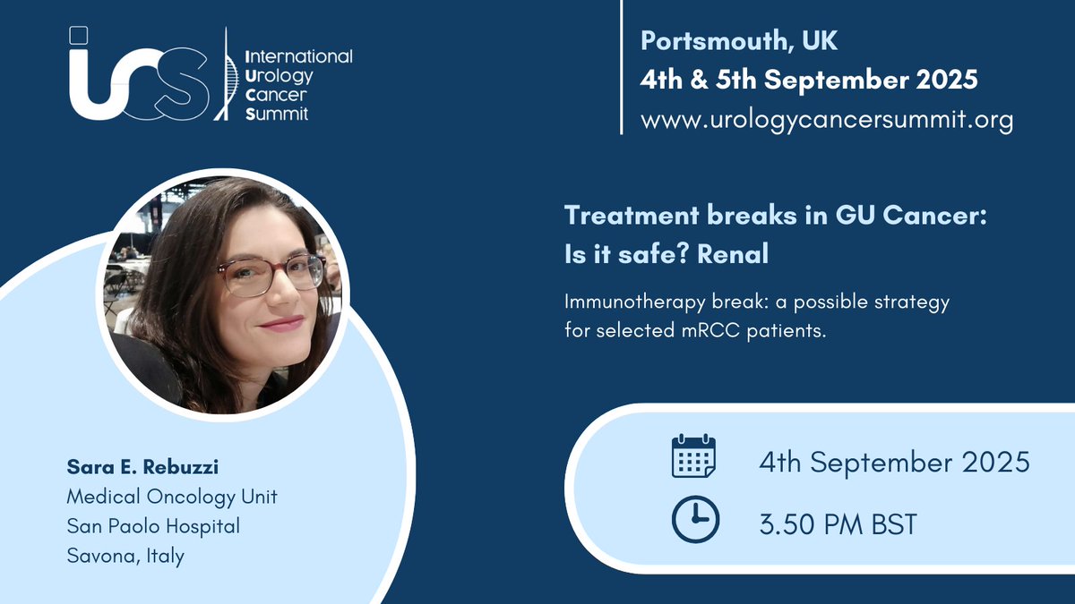 #Immunotherapy break: a possible strategy for selected #mRCC patients

Join us &amp; discuss with <a href="/RebuzziSara/">Sara Elena Rebuzzi</a> from Med. Oncology Unit, San Paolo Hospital, Savona, Italy in presence or virtually!

Discover more and register for free
🧷ow.ly/A4zJ50VqgTt 

#renal #cancer #IUCS25