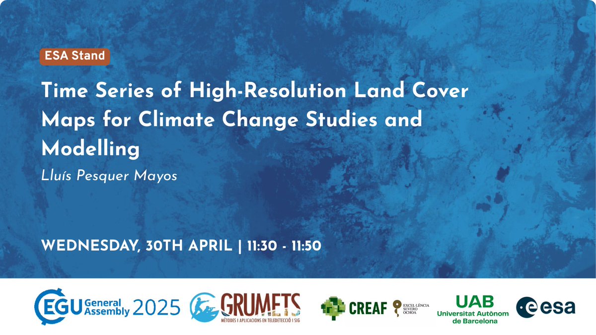 🛰️🗺️ Is it possible to have high-resolution time series for #LandCover maps of the world? IT IS! And it also helps us to better predict climate change. Find <a href="/CREAF_ecologia/">CREAF</a> researcher Lluís Pesquer at the <a href="/esa/">European Space Agency</a> stand at #EGUToday.