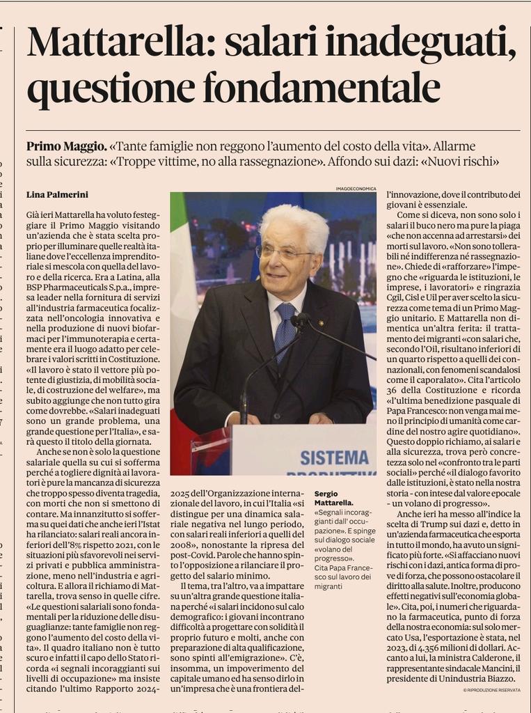 TizianaMossa's tweet photo. 🇮🇹 Il Presidente Mattarella ha lanciato un forte monito: i salari italiani sono troppo bassi e non garantiscono una vita dignitosa. È un appello che non possiamo ignorare.
#Meloni Ci vuole subito il #SalarioMinimo ‼️

#Lavoro  #GiustiziaSociale @sole24ore https://t.co/jbpb95eYFs