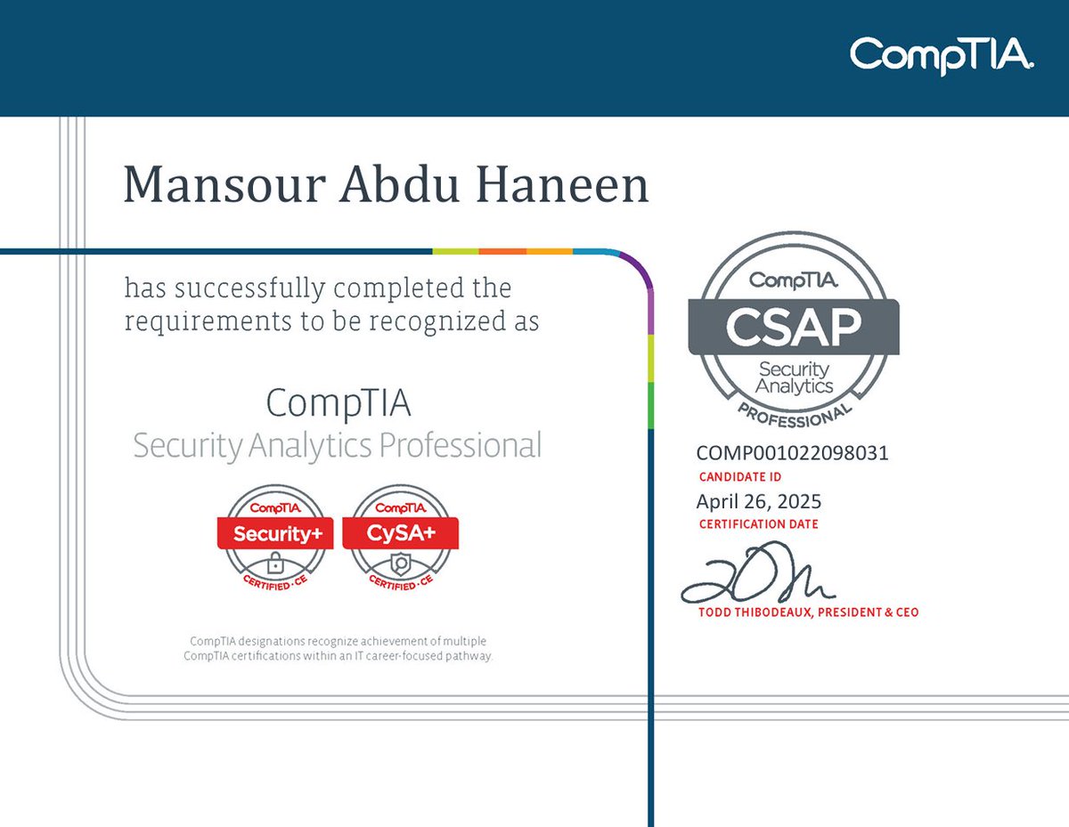 ولله الحمد حصلت على شهادتين من CompTIA:
- شهادة CySA+ محلل الأمن السيبراني
- شهادة CSAP محترف تحليلات الأمن

<a href="/CompTIA/">CompTIA</a>