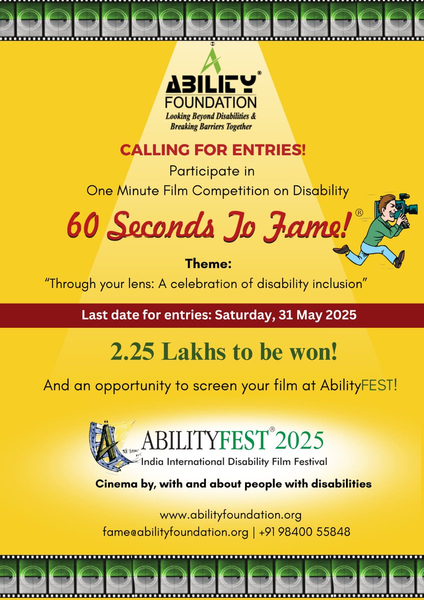 🎥 Calling all #filmmakers ! Join the <a href="/abilityfdn/">AbilityFoundation</a> s "#60SecondsToFame" One Minute Film Competition on Disability. 
#Theme: #Through_your_lens - #A_celebration_of_disability_inclusion." 
Win 2.25 Lakhs &amp; screen your film at #AbilityFEST2025

<a href="/ManickamMozhi/">Arun Mozhi Manickam</a> <a href="/proyuvraaj/">Yuvraaj</a>