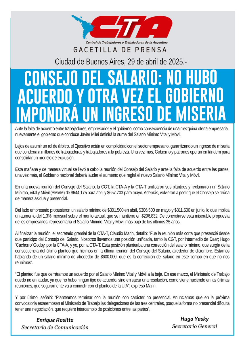 CONSEJO DEL SALARIO: NO HUBO ACUERDO Y OTRA VEZ EL GOBIERNO IMPONDRÁ UN INGRESO DE MISERIA.

Comunicado: 
bit.ly/3GvV83E