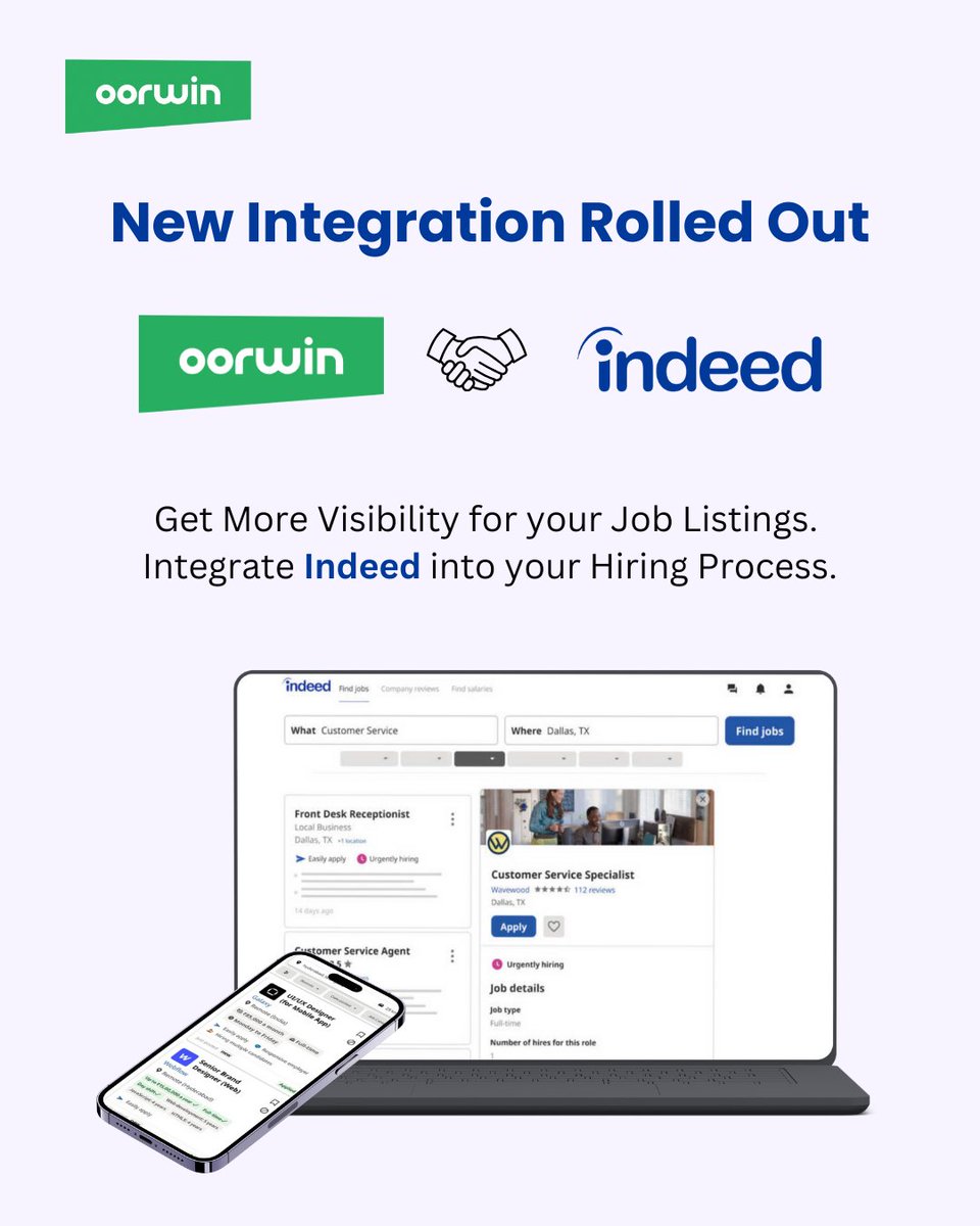 Maximize Hiring with Oorwin 🤝 Indeed

New integration with Indeed, #1 job site! 🚀 Oorwin users can:

✔️ Post jobs to Indeed
✔️ Boost visibility to millions
✔️ Streamline recruitment
✔️ Speed up hiring

Find candidates faster with one unified platform.

#Oorwin #Indeed