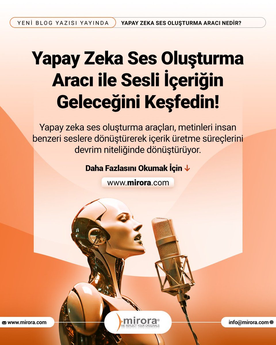 🎙️ Seslendirme dünyasında devrim! Yapay zeka destekli ses oluşturma araçları, insan sesine en yakın tınılarla içeriklerinizi bir üst seviyeye taşıyor.

Detaylar için blog yazımızı keşfedin! 📖✨

mirora.com/tr/yapay-zeka-…

#çeviri #sözlüçeviri #yazılıçeviri #mirora #küreseldiyalog